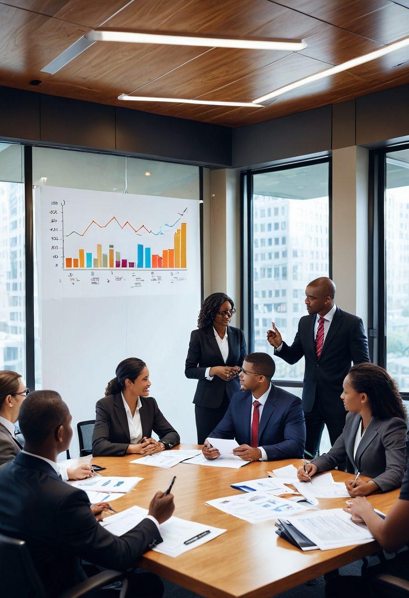 A professional setting where a diverse group of people are engaging in a dynamic discussion about insurance services, showcasing upward arrows symbolizing growth and careers. Emphasize unity and ambition, with elements like briefcases, graphs, and insurance documents in the background. Capture a warm and inviting atmosphere with soft lighting. super-realistic. vibrant colors.