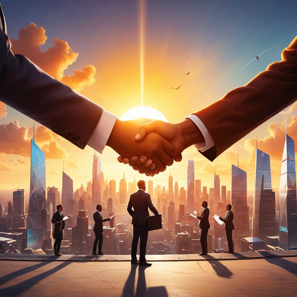 A futuristic city skyline representing career development, with two powerful figures shaking hands in the foreground. One figure is holding an insurance policy, while the other is carrying a briefcase labeled 'Career Goals'. The background features a bright sun symbolizing a secure future, with diverse professionals in the cityscape. The colors are vibrant, emphasizing hope and opportunity. super-realistic. vibrant colors. 3D.