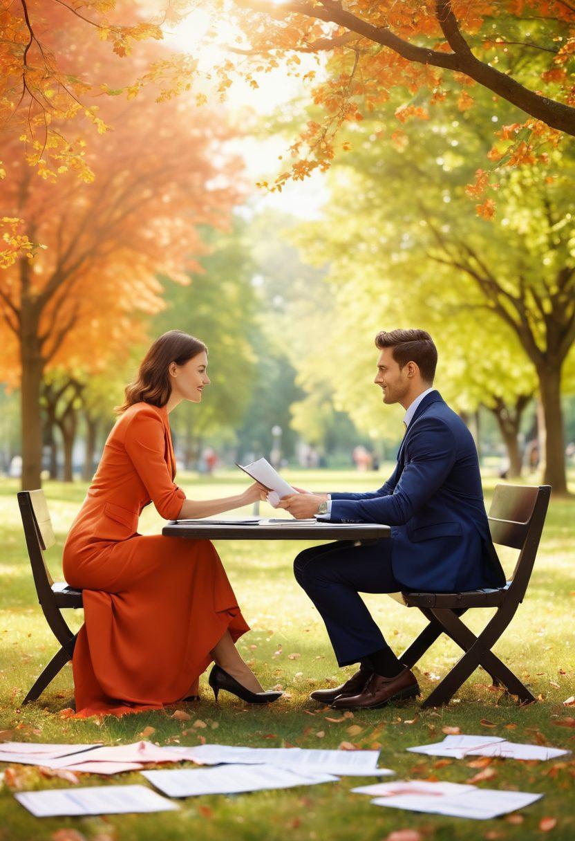 A split scene depicting a busy professional in a suit receiving support from an insurance advisor on one side, while on the other side, a romantic couple enjoying a picnic in a sunny park. Elements of paperwork and laptops blend into the background, symbolizing career and love intertwined. The colors are warm and inviting, highlighting the theme of balance between love and professional life. soft focus, vibrant colors, 3D effect.